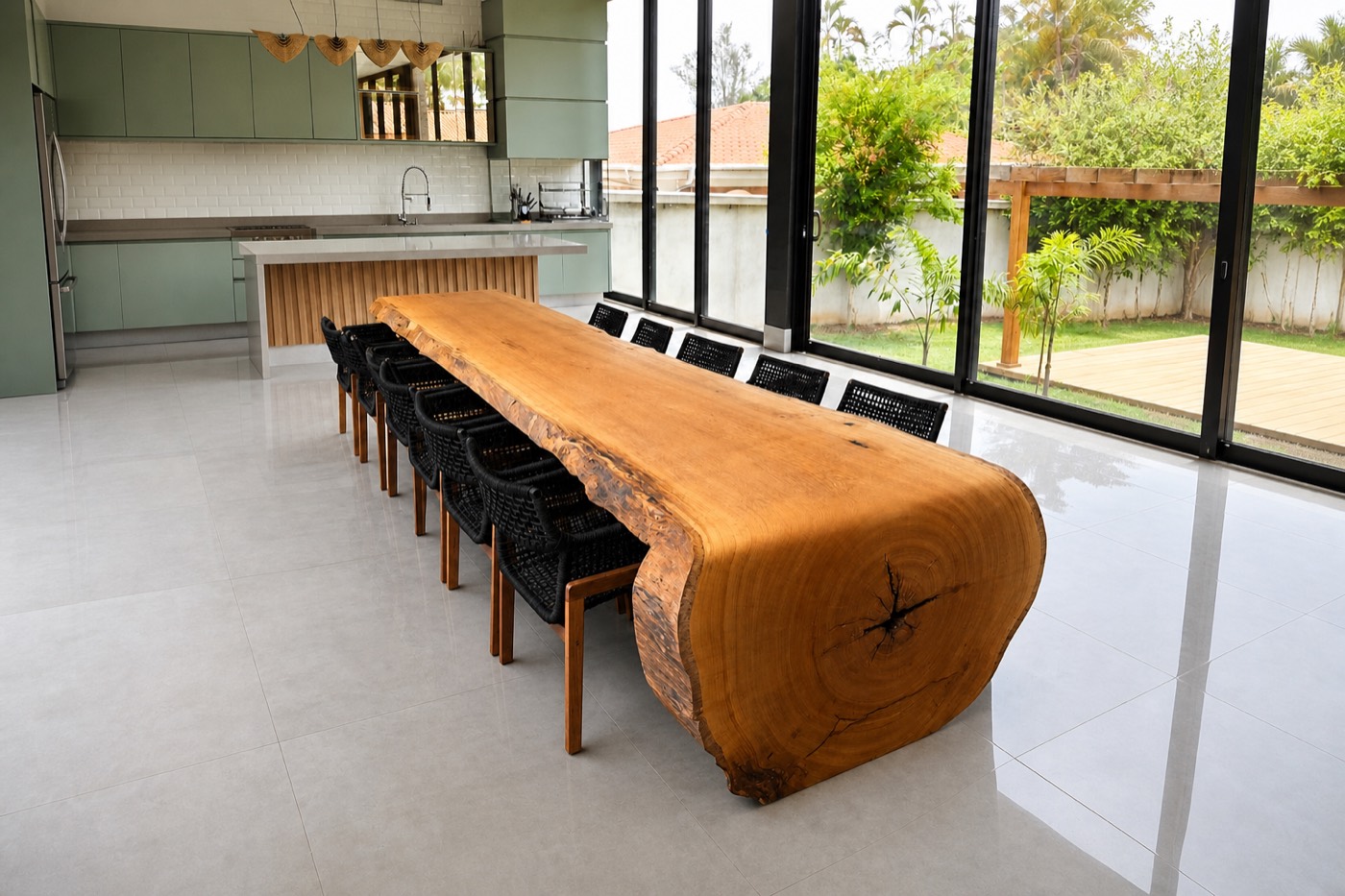 Conjunto de mesa e cadeiras de fibra em área gourmet